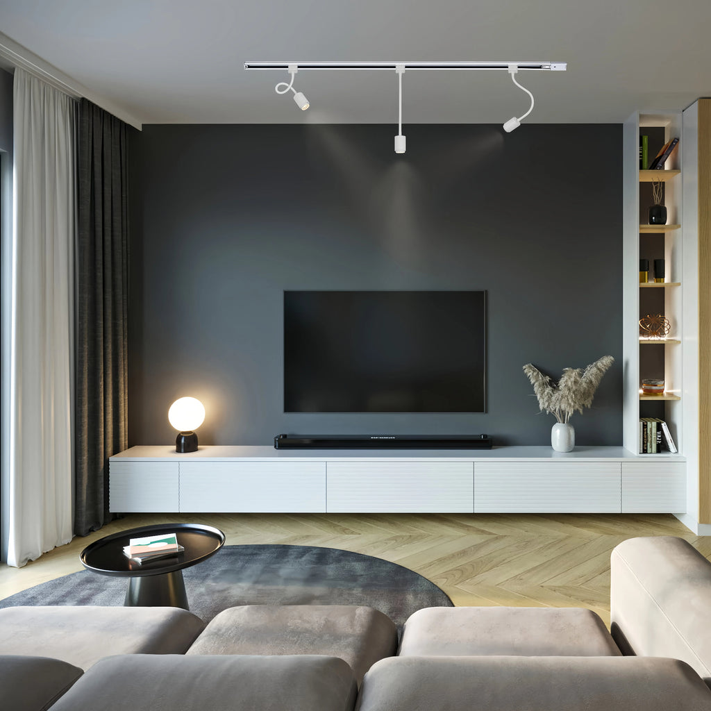 Kiven track light in modern living room, white gooseneck spotlights, and contemporary decor for stylish home lighting