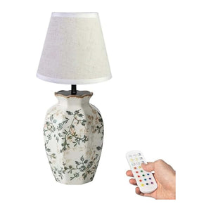Kiven Cordless Table Lamp with fabric lampshade, vase-shaped base, floral pattern, and remote control for dimmable LED light