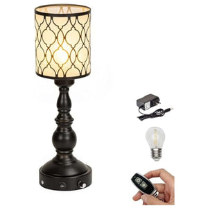 Kiven Cordless Table Lamp, black metal base, patterned lampshade, remote, LED bulb, and charger for bedside use