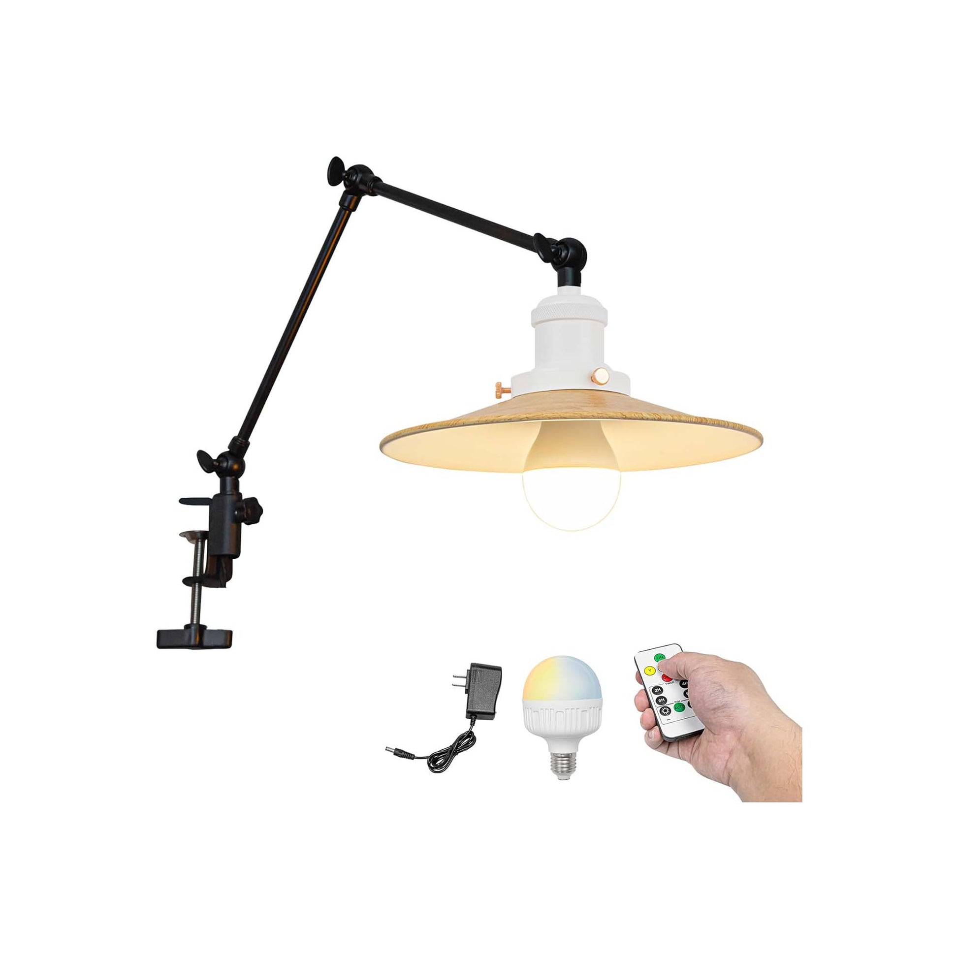 Kiven Battery Operated Clip-on Desk Lamp, 1-Light Dimmable Nightstand Lamp with Flexible Arm,Remote Control, Farmhouse Decorative Clamp Lamp for Home Decor Bookshelf Bedside,Yellow Finish