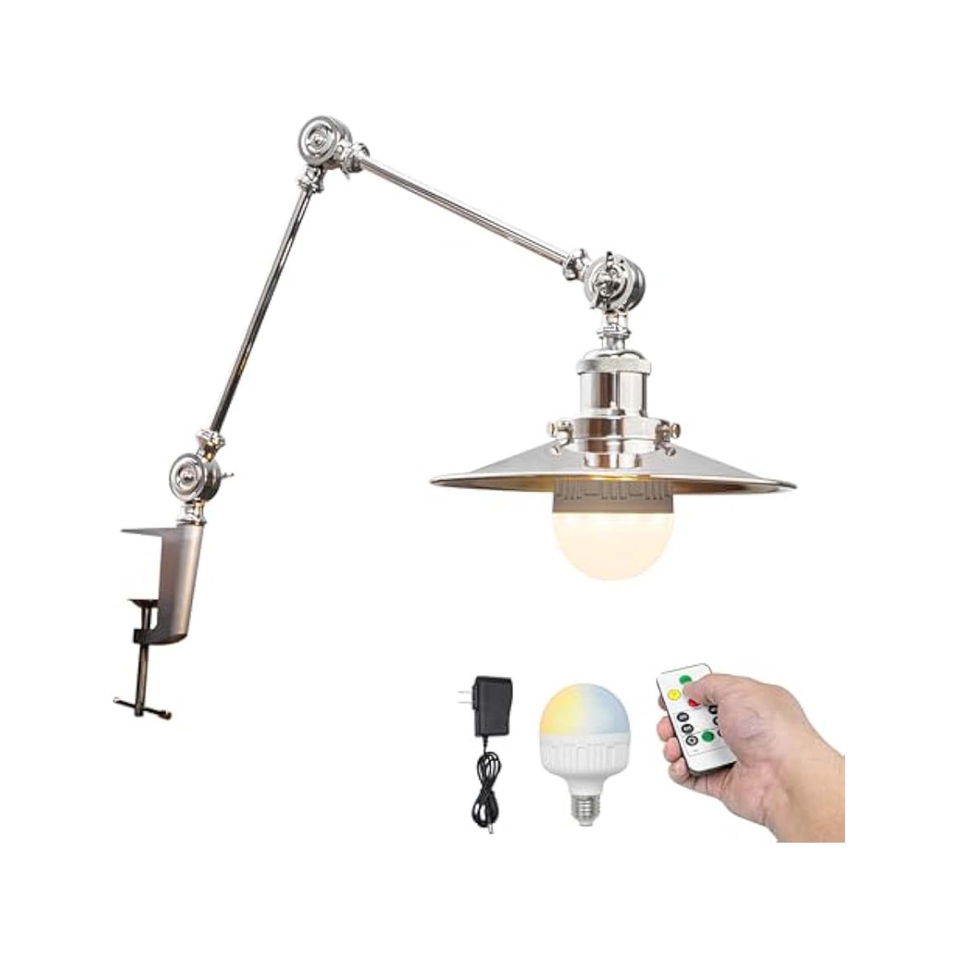 Kiven Battery Operated Clip-on Desk Lamp, 1-Light Dimmable Nightstand Lamp with Flexible Arm,Remote Control, Modern Decorative Clamp Lamp for Office Bedside Bookshelf Cabinet,Silver
