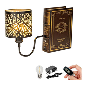 Kiven Cordless Bookshelf Lamp with iron lampshade, book-shaped base, and remote. Farmhouse style lighting for home decor.