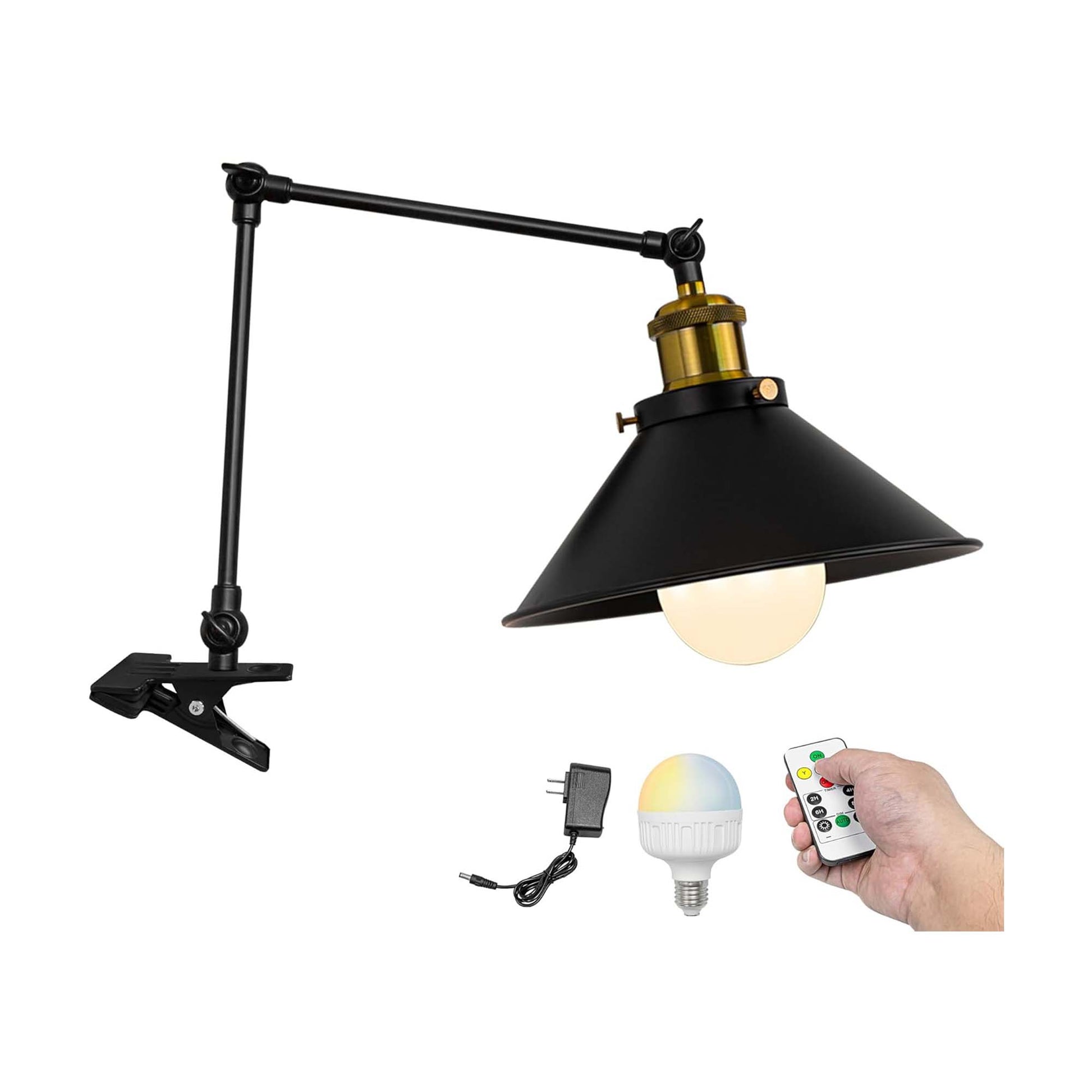 Kiven Battery Operated Clip-on Desk Lamp, 1-Light Dimmable Nightstand Lamp with Flexible Arm,Remote Control, Modern Decorative Clamp Lamp for Home Decor Bookshelf Bedside,Black Finish