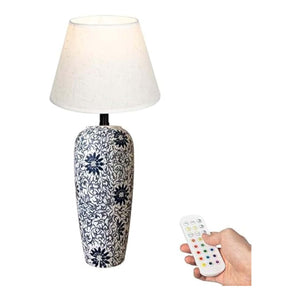 Kiven Cordless Table Lamp, fabric lampshade, blue floral vase base, with remote control. Dimmable LED nightstand lamp.