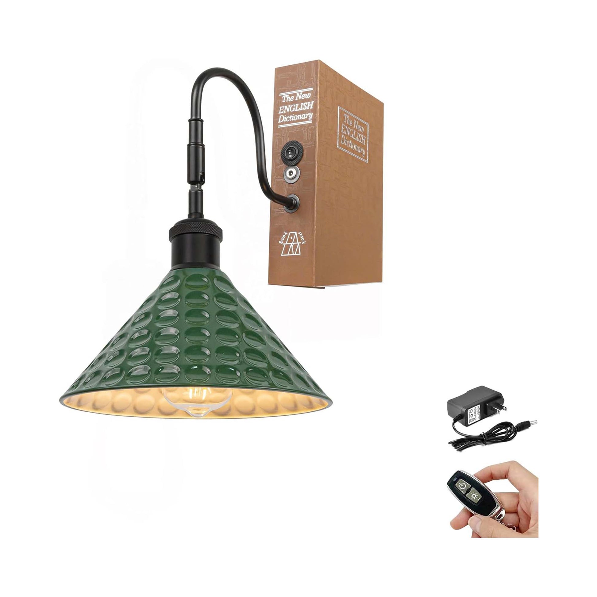 Kiven Cordless Bookshelf Lamp, 1-Light Rechargeable Bookcase Lighting with Green Iron Lampshade, Farmhouse Decorative Bookend, Cordless Table Lamp for Bedside Cabinet Bookshelf Home Decor