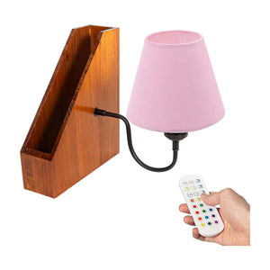 Kiven Cordless Bookshelf Lamp with Pink Shade, Wooden Bookshelf Lamp for Bedside or Cabinet, with a Remote Control
