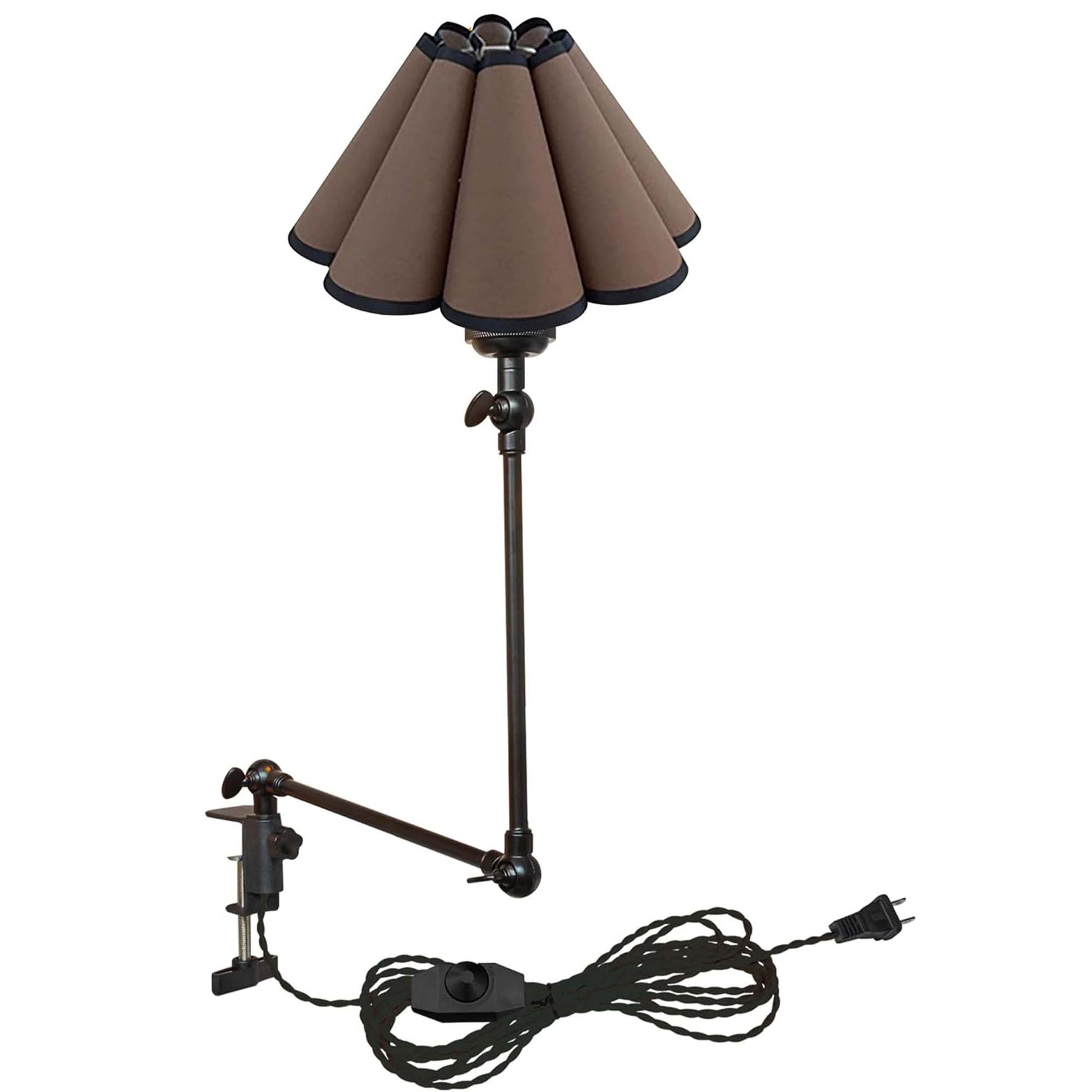 Kiven Plug-in Modern Clip-on Desk Lamp, 1-Light Modern Nightstand Lamp with Flexible Arm, Brown Pleated Fabric Lampshade, 8.2FT Plug in Cord, Decorative Clamp Lamp for Office Home Bookshelf Bedside