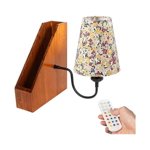 Kiven Cordless Bookshelf Lamp, wood and floral shade design with remote control, ideal for bedside or bookshelf lighting.