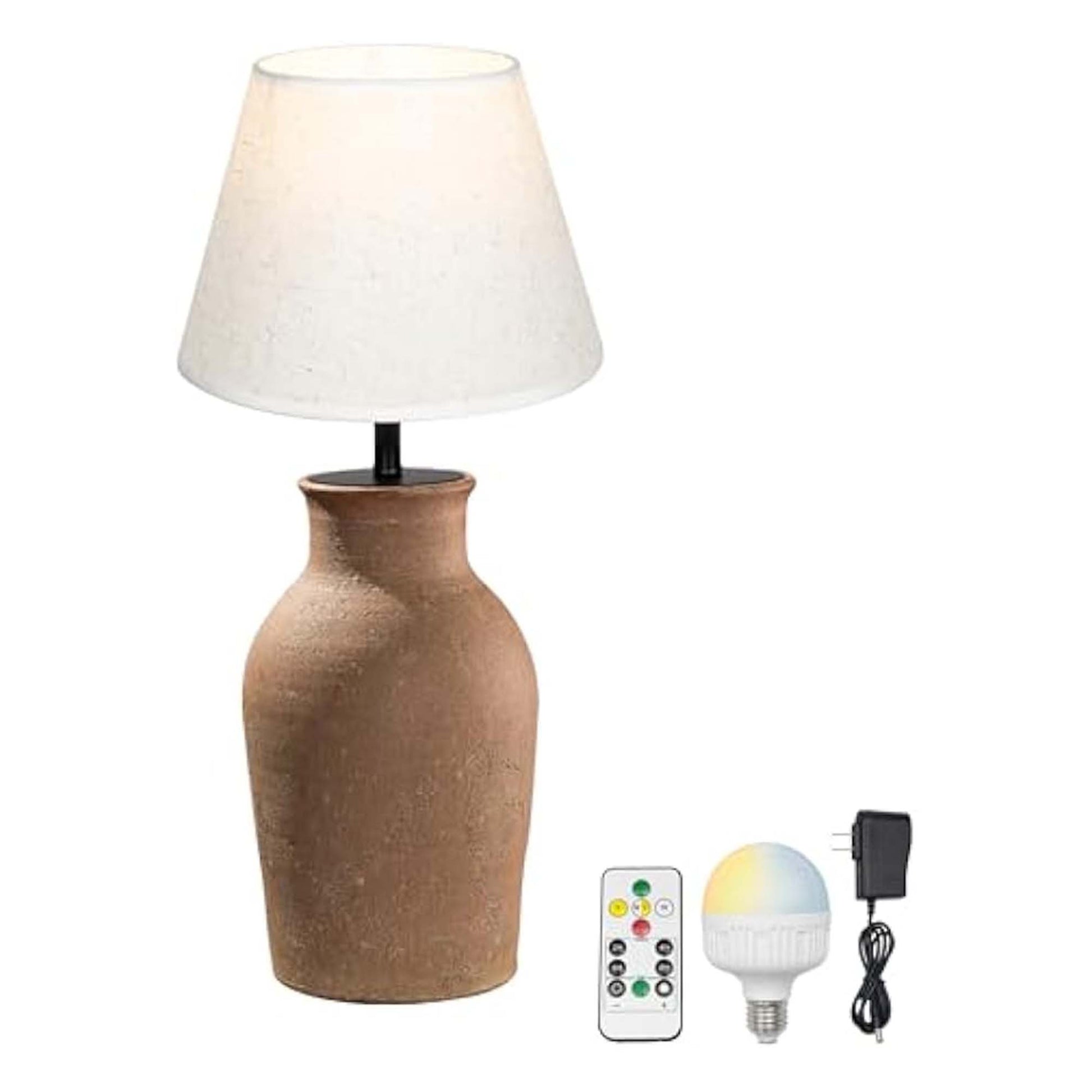 Kiven Cordless Table Lamp, Dimmable LED Vase Lamp with White Fabric Lampshade, Ceramic Pot Table Lamp, 1-Light Rechargeable Nightstand Lamp for Office Reading Home Decor Bedside TD0842
