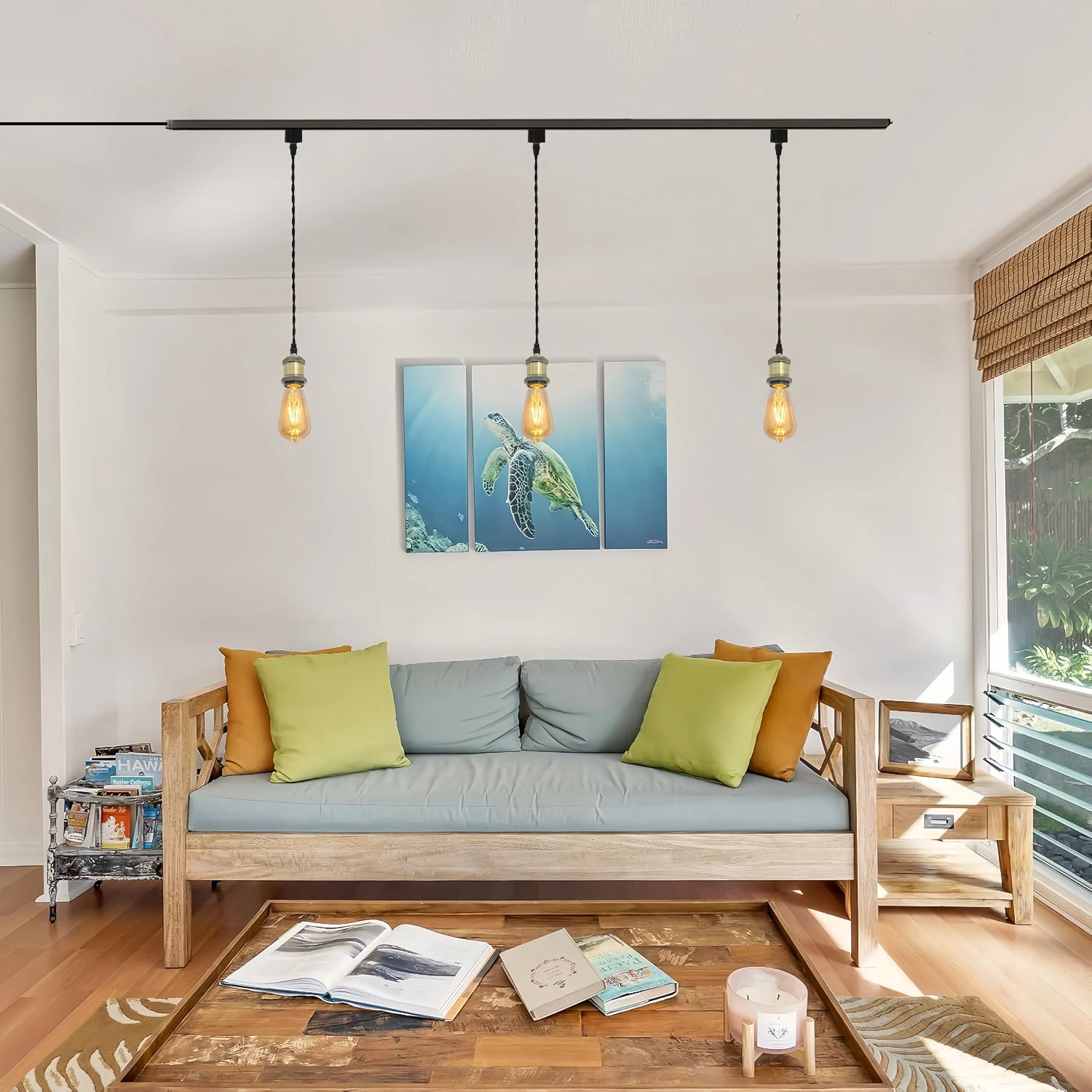 Kiven H-Type track lighting pendant in bronze finish, industrial style, over living room sofa, Edison bulbs
