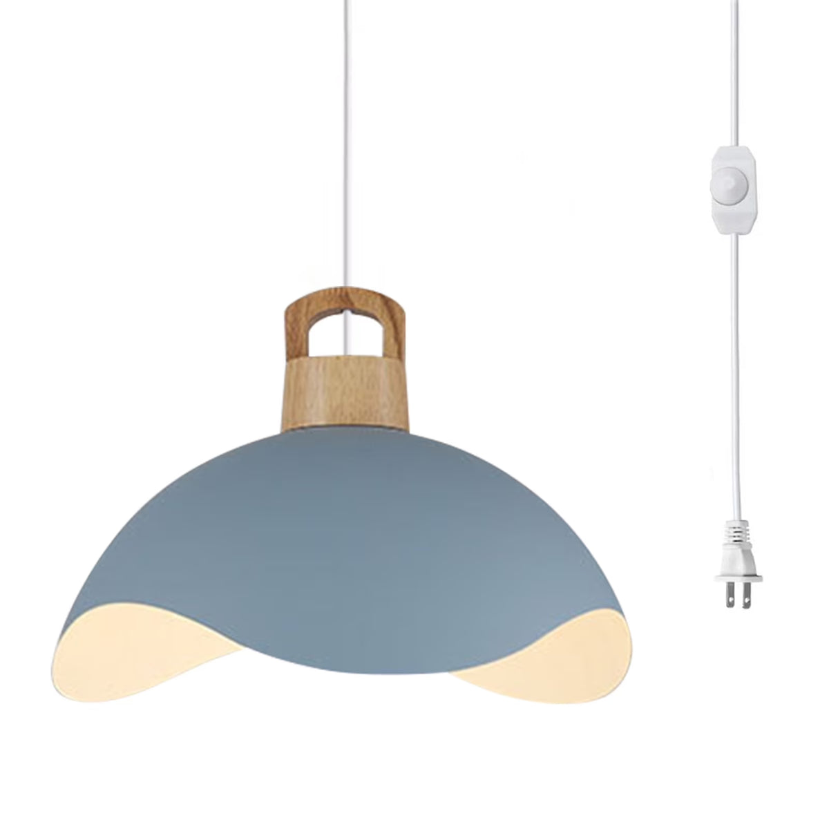 Kiven Modern Plug-in Pendant Light with Wavy Shade & Wood Top, Dimmable Hanging Cord Light