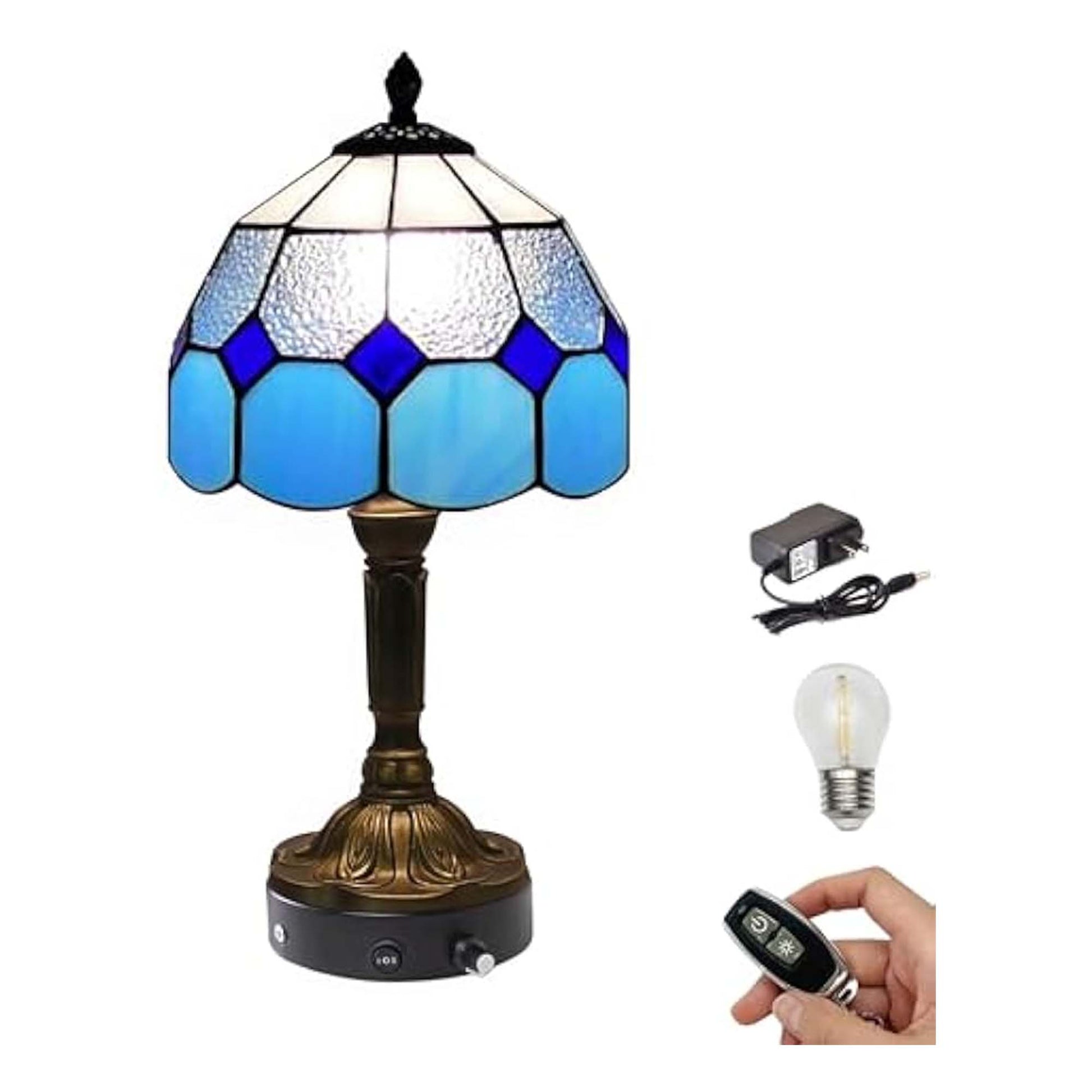 Kiven Cordless Table Lamp,1-Light Dimmable Bedside Lamps for Nightstand with Glass Lampshade, Cordless Tiffany Lamp for Reading Home Decor Bedside TD0893