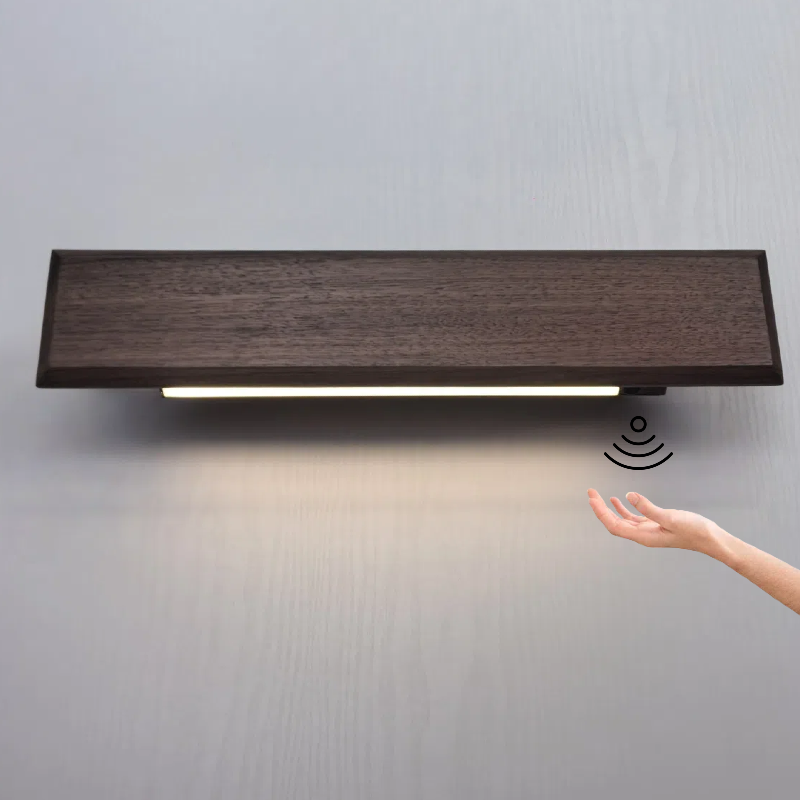 Battery-powered lamp with hand-sweep switch, wall-mounted bookshelf and newspaper/magazine rack, made of black walnut solid wood