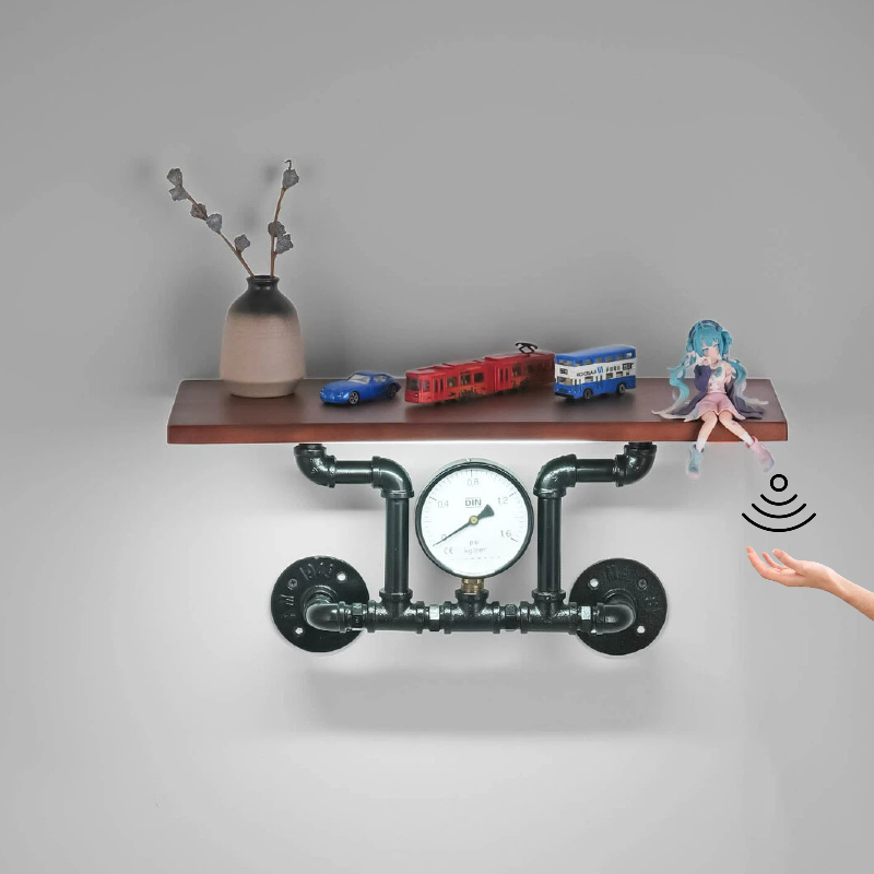 Touchless switch, rechargeable dimmable lamp, industrial-style pipe wall shelf decorative single-line solid wood shelf / wall-mounted shelving rack.