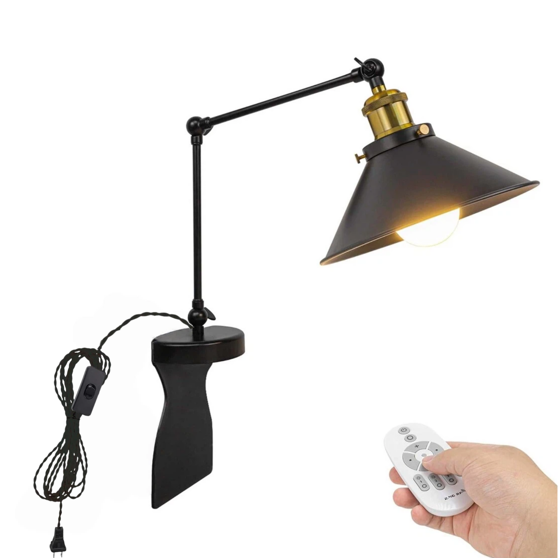 Kiven black headboard reading light, adjustable swing arm, dimmable LED, remote control for bedside. Modern nightstand lamp.