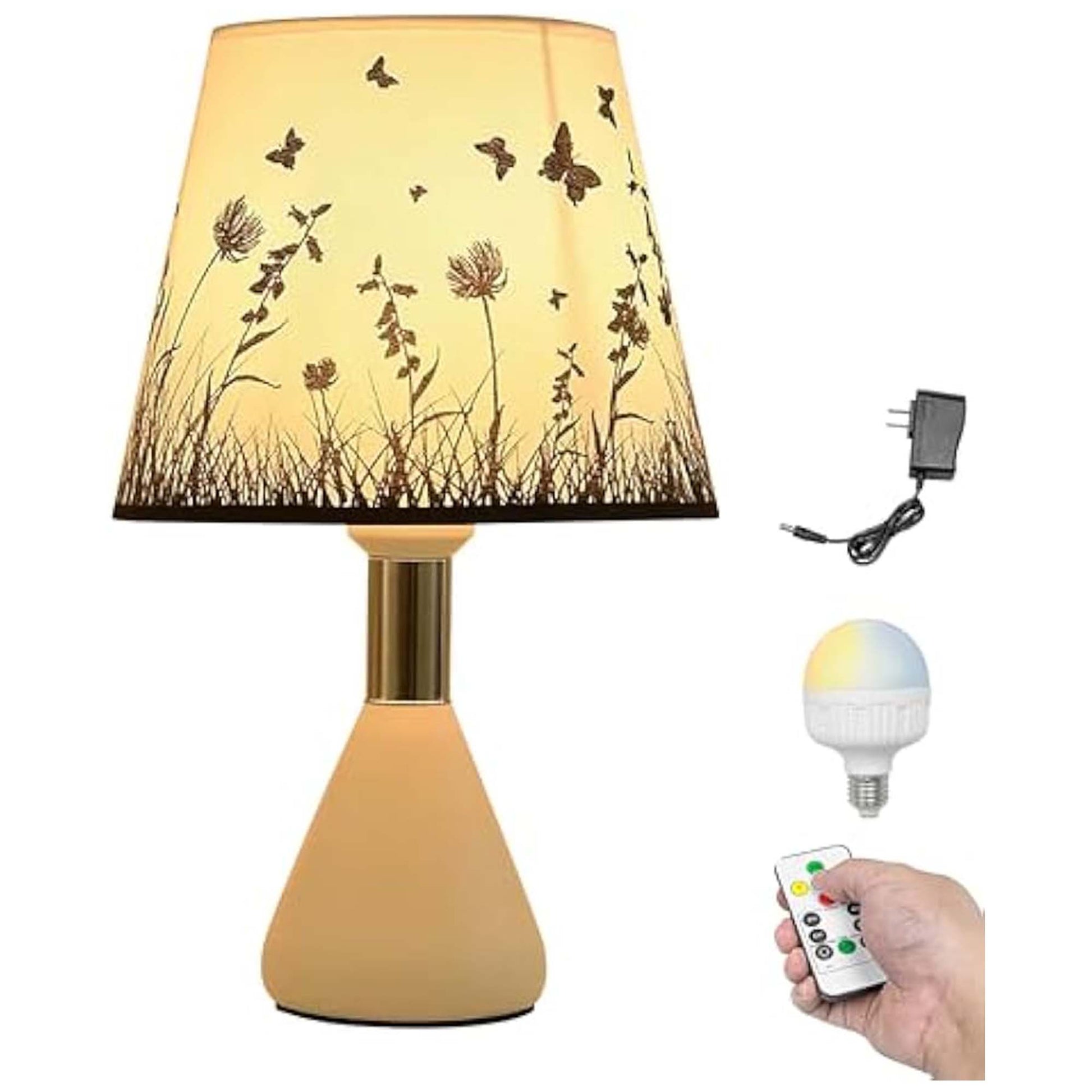 Kiven Cordless Table Lamp, Dimmable Desk Lamp with φ6.3 White Fabric Lampshade, Farmhouse Rechargeable Nightstand Lamp with White Base for Reading Home Decor Office Bedside, 1-Light
