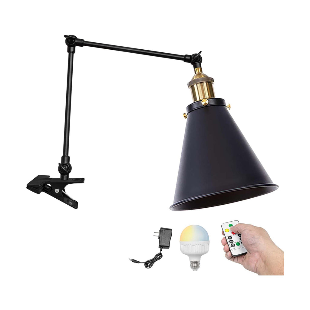 Kiven Battery Operated Clip-on Desk Lamp, 1-Light Dimmable Nightstand Lamp with Flexible Arm,Remote Control, Vintage Decorative Clamp Lamp for Home Decor Bookshelf Bedside,Black Finish
