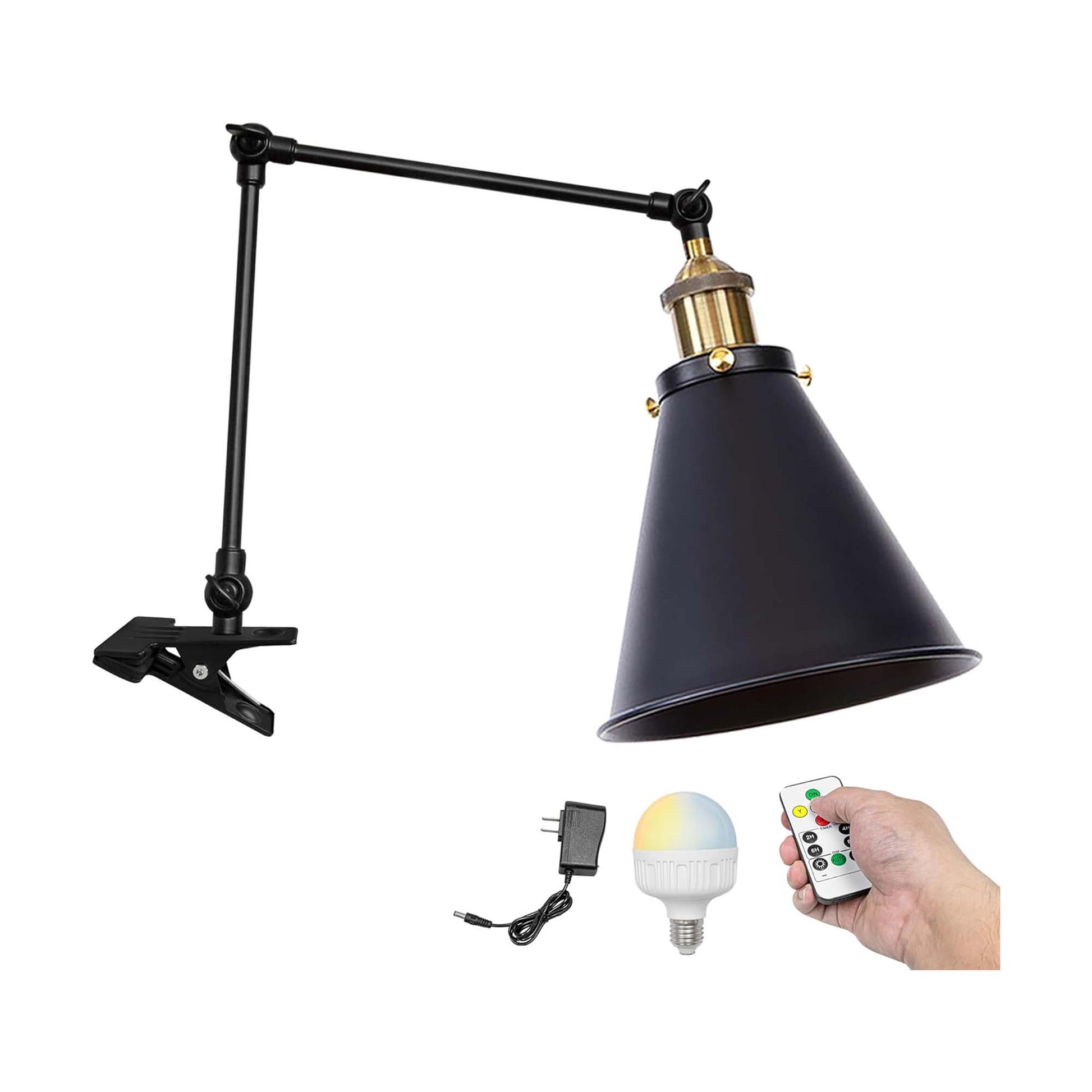 Kiven Battery Operated Clip-on Desk Lamp, 1-Light Dimmable Nightstand Lamp with Flexible Arm,Remote Control, Vintage Decorative Clamp Lamp for Home Decor Bookshelf Bedside,Black Finish