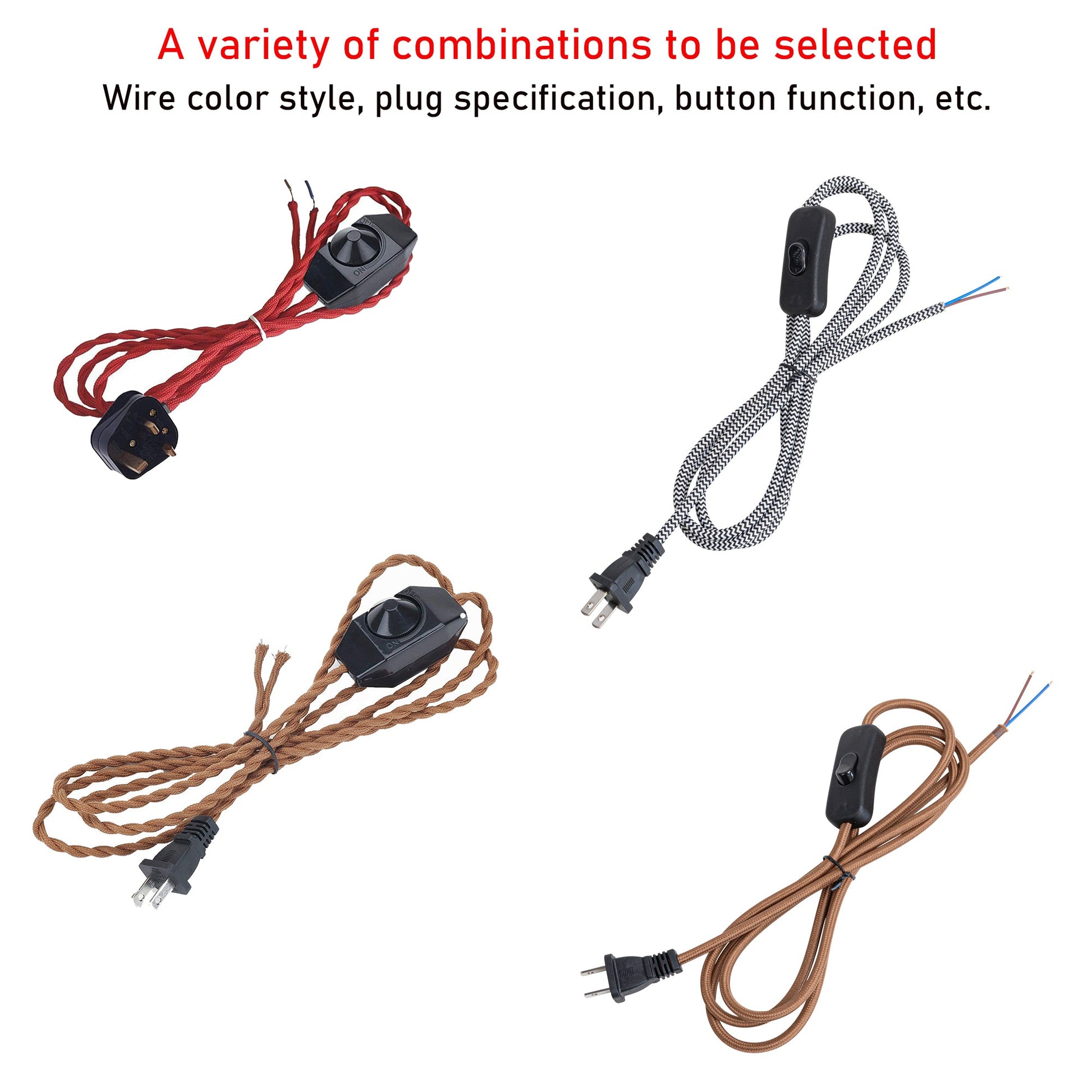 DIY lighting plug-in cord customization: various colors, plug types and switch options. Twisted, Weave Rope, and open wires.