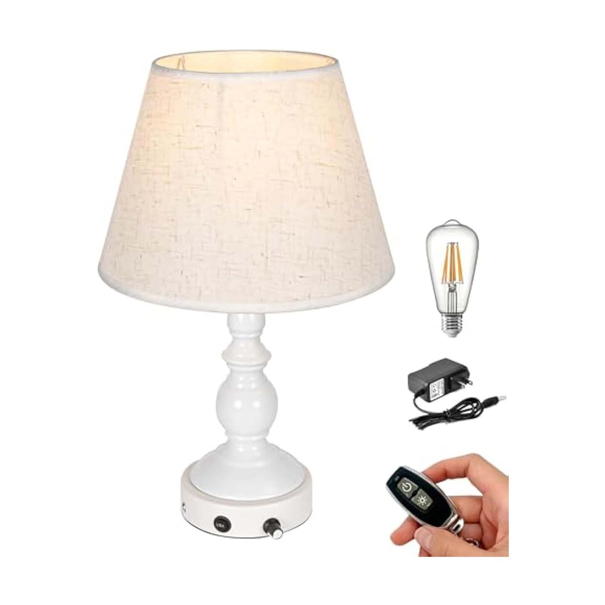 Kiven Cordless Table Lamp,White Dimmable Rustic Farmhouse Bedside Desk Lamps with Fabric Lampshade,2700K Warm White, 1-Light Rechargeable Nightstand Lamp for Office Home Decor Bedside B2CDTD3