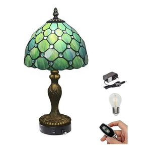 Kiven Cordless Tiffany Table Lamp with Green Glass Lampshade, includes remote control, and bulb, for home decor