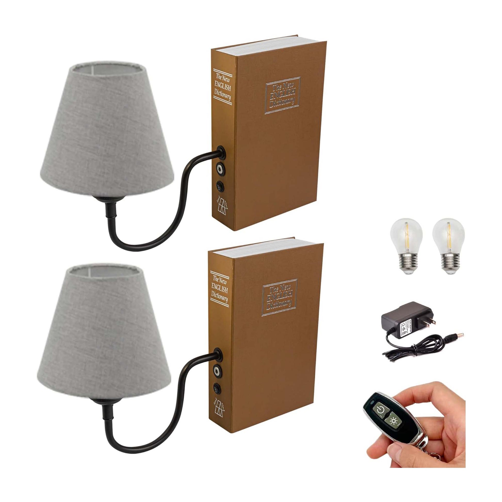 Kiven Cordless Table Lamp, Set of 2 Rechargeable Bookshelf Lamp with Gray Fabric Lampshade, Farmhouse Decorative Bookend, Cordless Lamp for Office Home Decor Bedside Bookshelf