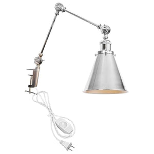 Silver Kiven clamp desk lamp, industrial nightstand light, dimmable with adjustable swing arm and plug-in cord.