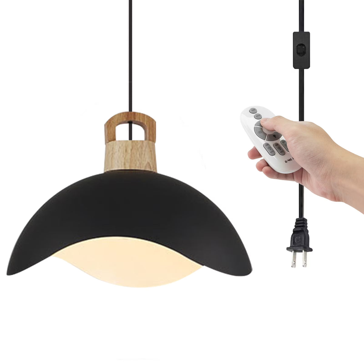 Kiven Modern Plug-in Pendant Light with Wavy Shade & Wood Top, Dimmable Hanging Cord Light