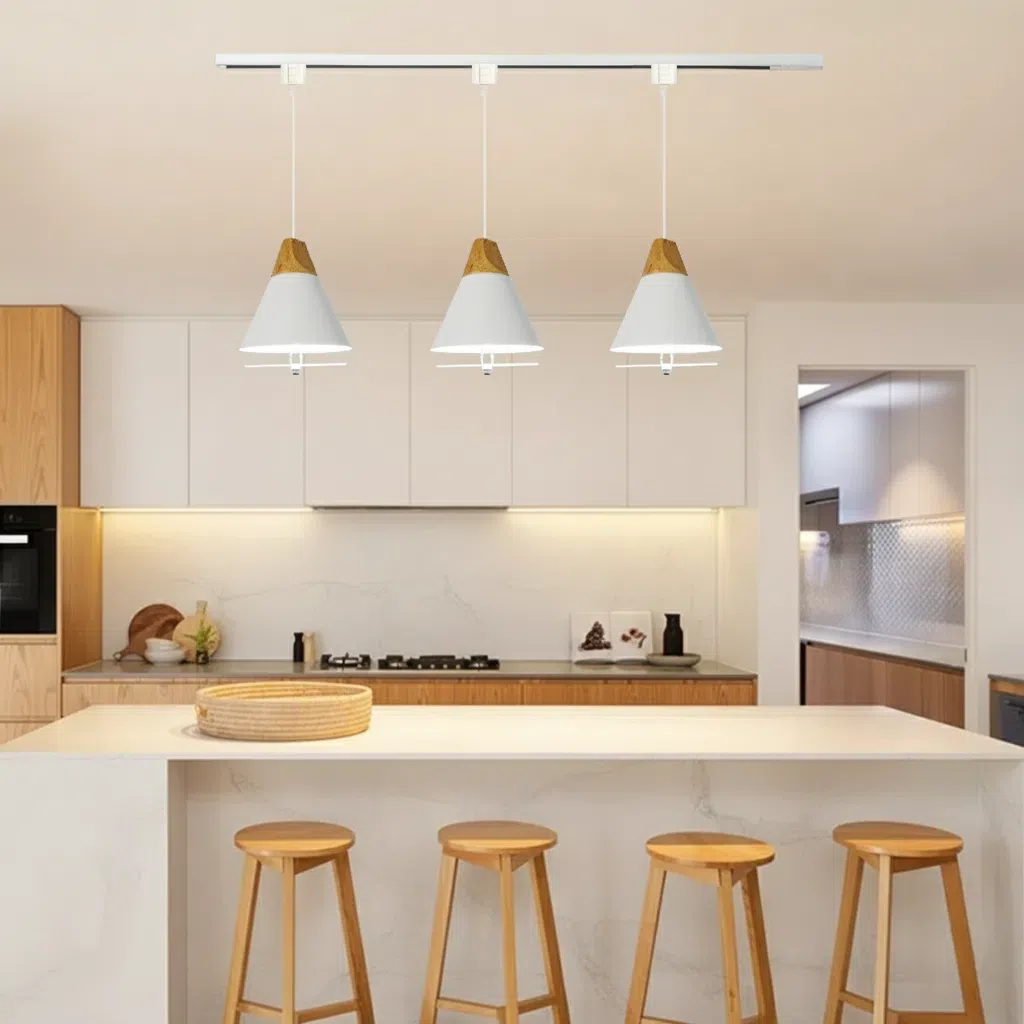 Kiven H-Type Track Pendant Light Nordic-Style White Wood for Bedroom & Kitchen + FREE Diffuser Shade, Customizable
