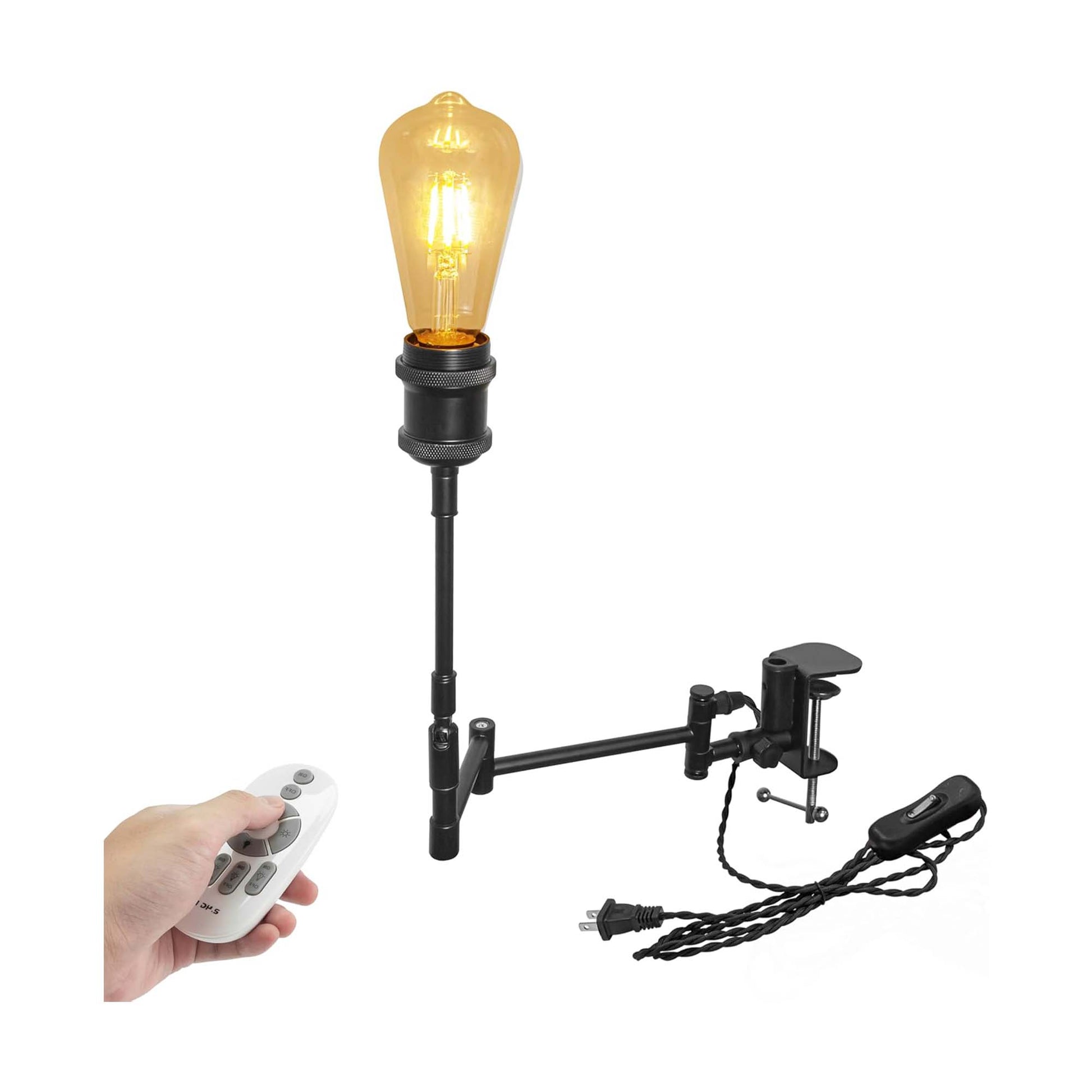 Kiven Plug-in Modern Clip-on Desk Lamp, 1-Light Iron Dimmable Nightstand Lamp with Flexible Arm,Remote Control, Decorative Clamp Lamp for Bookshelf Bedside Office Farmhouse Home Decor