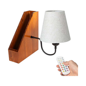 Kiven Cordless Bookshelf Lamp with wooden bookshelf and white shade. Includes remote control for lighting customization.