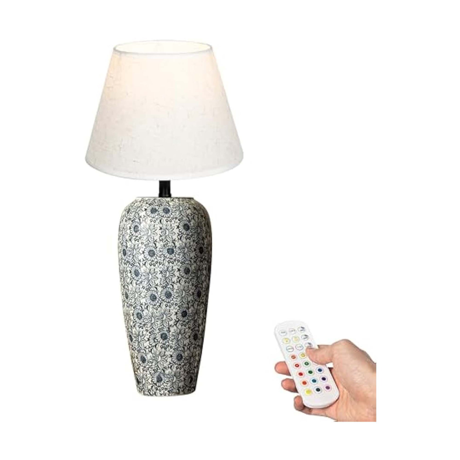 Kiven Cordless Table Lamp, Dimmable LED Vase Lamps with Fabric Lampshade, Classic Cottage Ambient Light, 1-Light Rechargeable Nightstand Lamp for Office Bookcase Bedside TD1015A