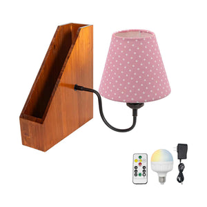 Pink polka dot Kiven Cordless Bookshelf Lamp with wood shelf. Rechargeable LED nightstand light, perfect for bookshelf decor.