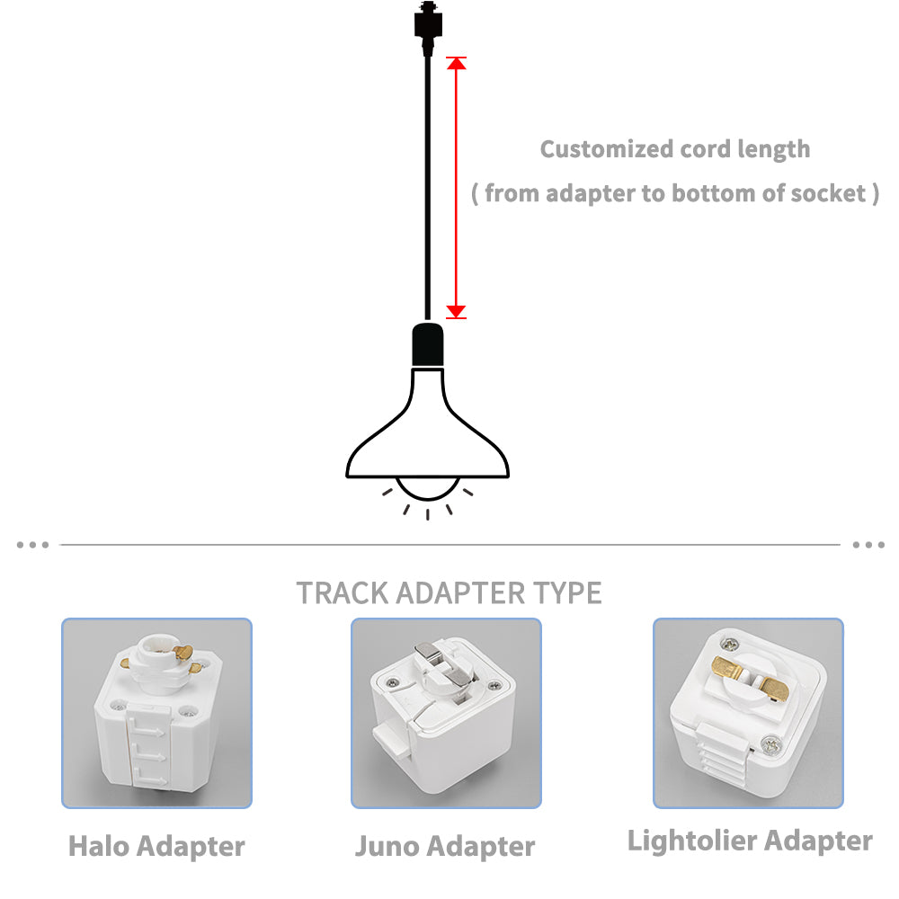 Custom track mount pendant light cord length options, featuring Halo, Juno, and Lightolier adapters.
