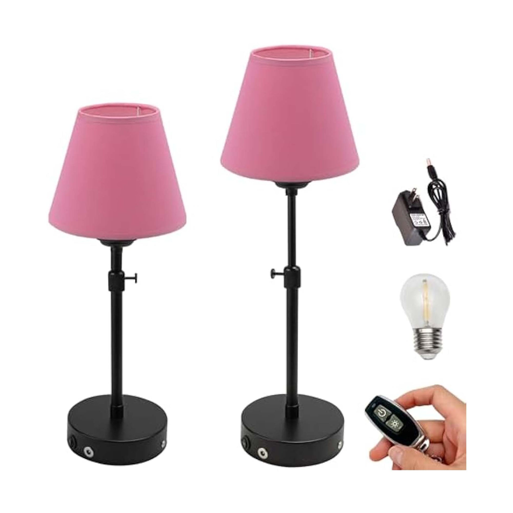 Kiven Cordless Table Lamp Indoor Adjustable Height, Battery Operated Nightstand Lamp with Red Fabric Lampshade, Rechargeable Modern Bedside Lamp for Kitchen Bars Bedroom Shelf Restaurant, 2 Pack