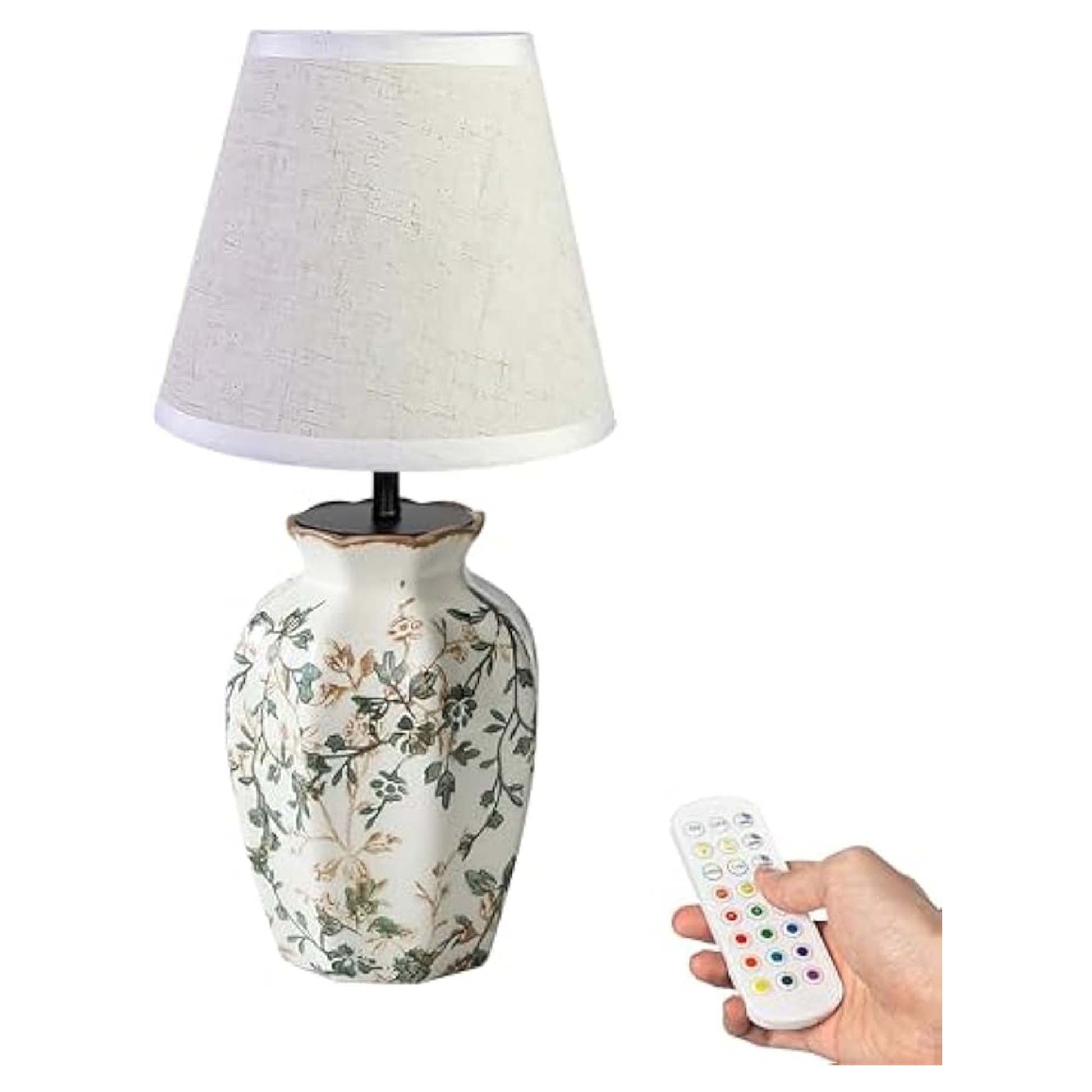 Kiven Cordless Table Lamp, Dimmable LED Vase Lamps with Fabric Lampshade, Classic Cottage Ambient Light, 1-Light Rechargeable Nightstand Lamp for Office Bookcase Bedside TD0998