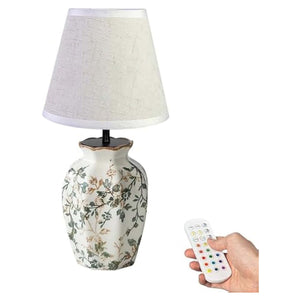 Kiven Cordless Table Lamp, fabric lampshade, dimmable LED vase lamp, floral design, rechargeable bedside light.
