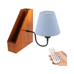 Kiven Cordless Bookshelf Lamp with blue polka dot lampshade and remote, wood shelf. Farmhouse bedside lighting for bookcase.