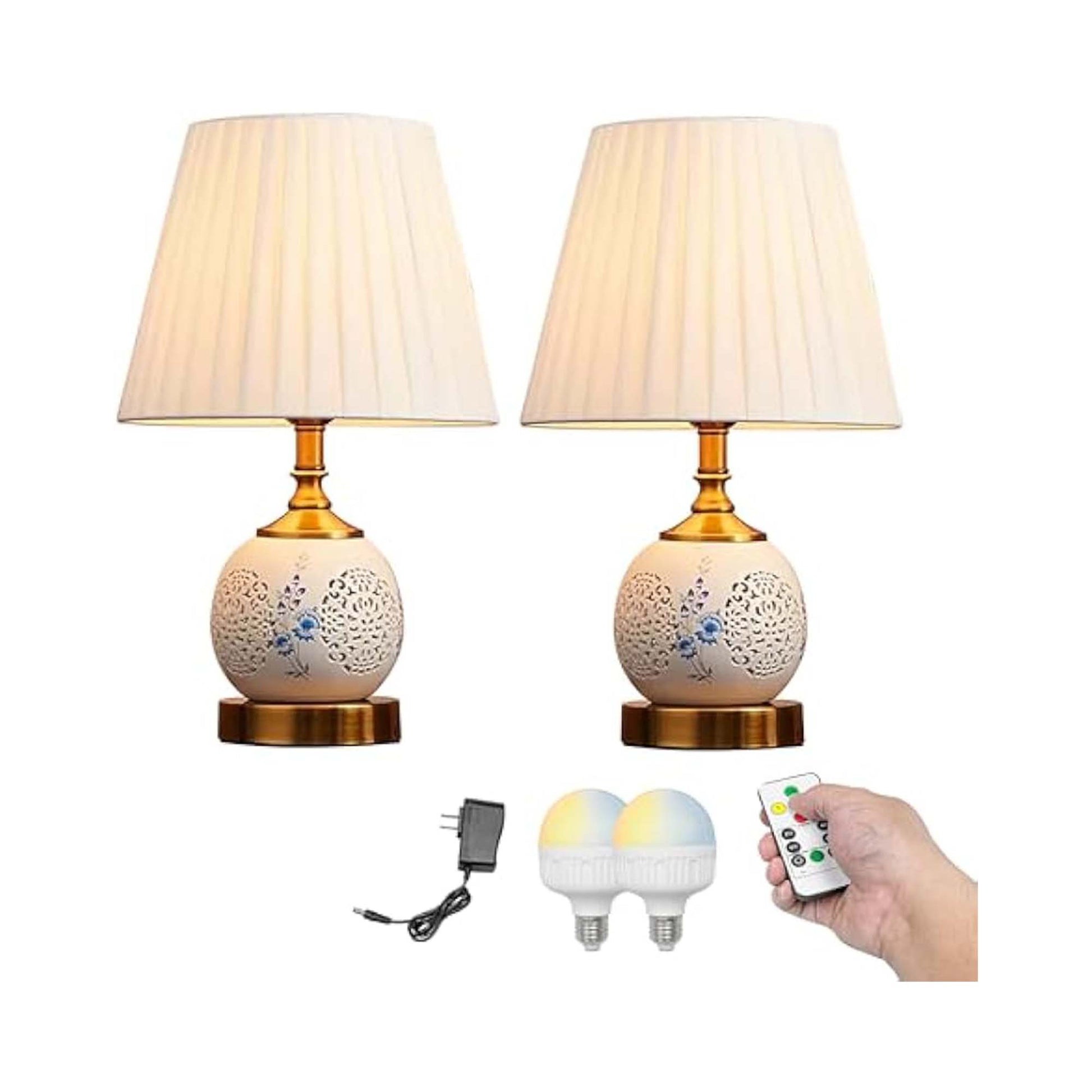Kiven Cordless Table Lamp, Dimmable Ceramic Bedside Lamps for Nightstand with Fabric Lampshade, Modern Rechargeable Desk Lamp for Reading Home Decor Bedside,Set of 2(TC215)