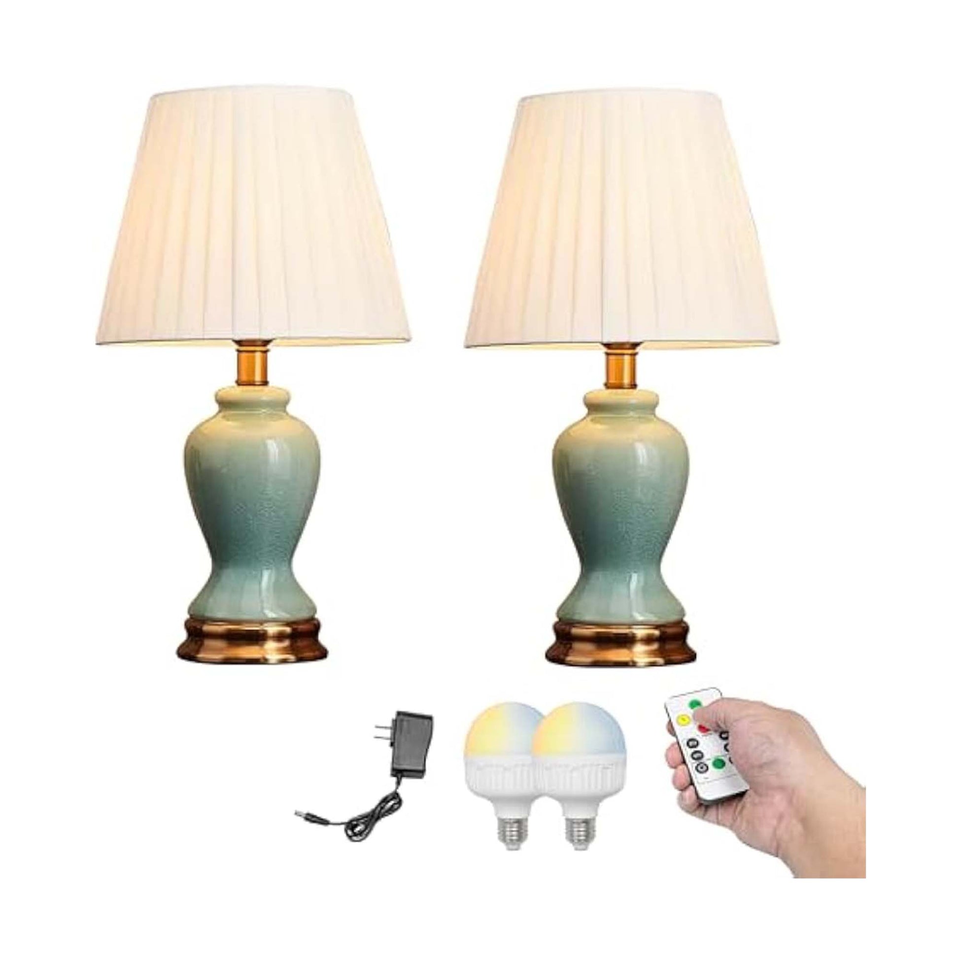 Kiven Cordless Table Lamp, Dimmable Ceramic Bedside Lamps for Nightstand with Fabric Lampshade, Modern Rechargeable Desk Lamp for Reading Home Decor Bedside,Set of 2(TC210)