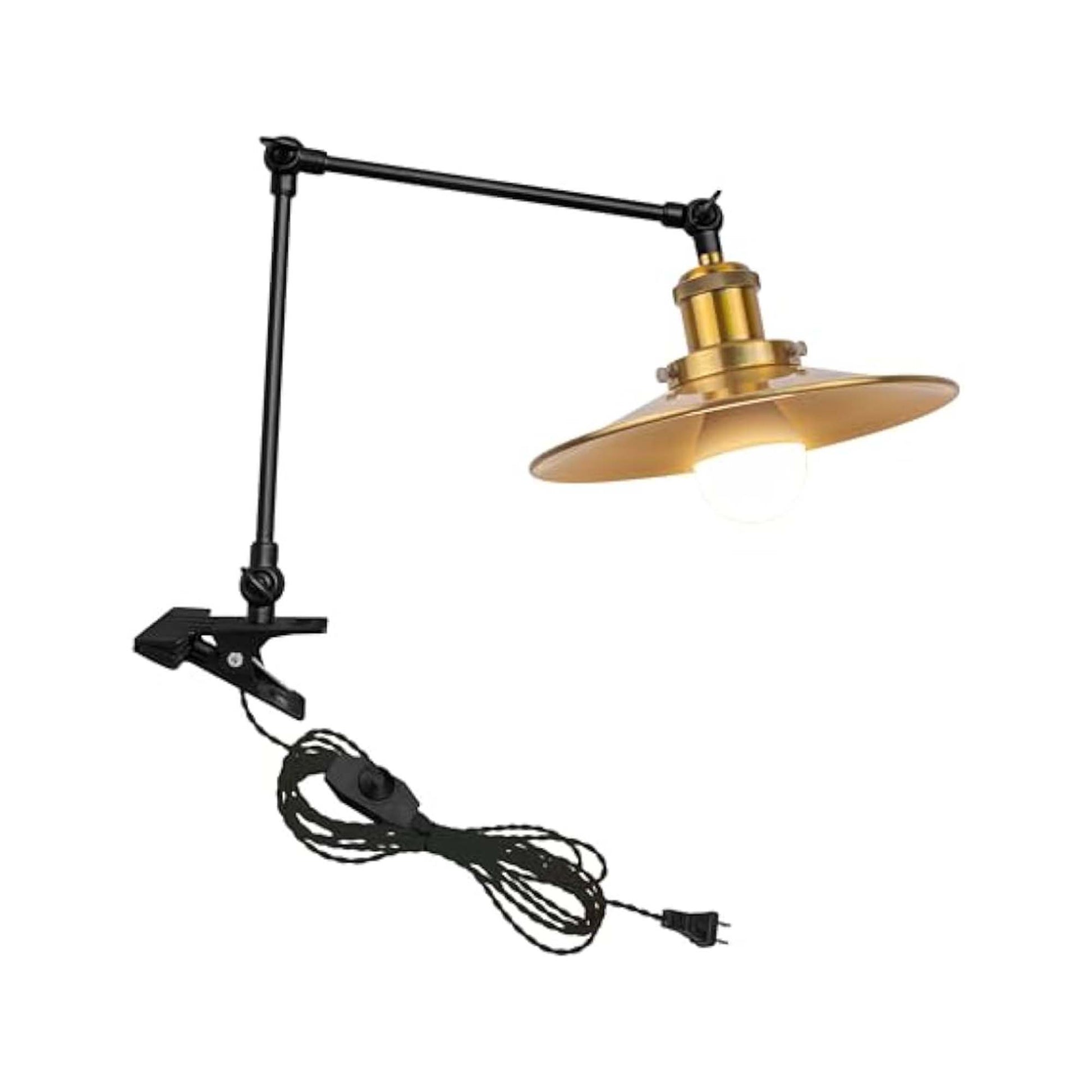 Kiven Plug-in Modern Clip-on Desk Lamp, 1-Light Vintage Nightstand Lamp with Flexible Arm, 8.2FT Plug in Cord, Decorative Clamp Lamp for Office Home Bookshelf Bedside Gold Finish
