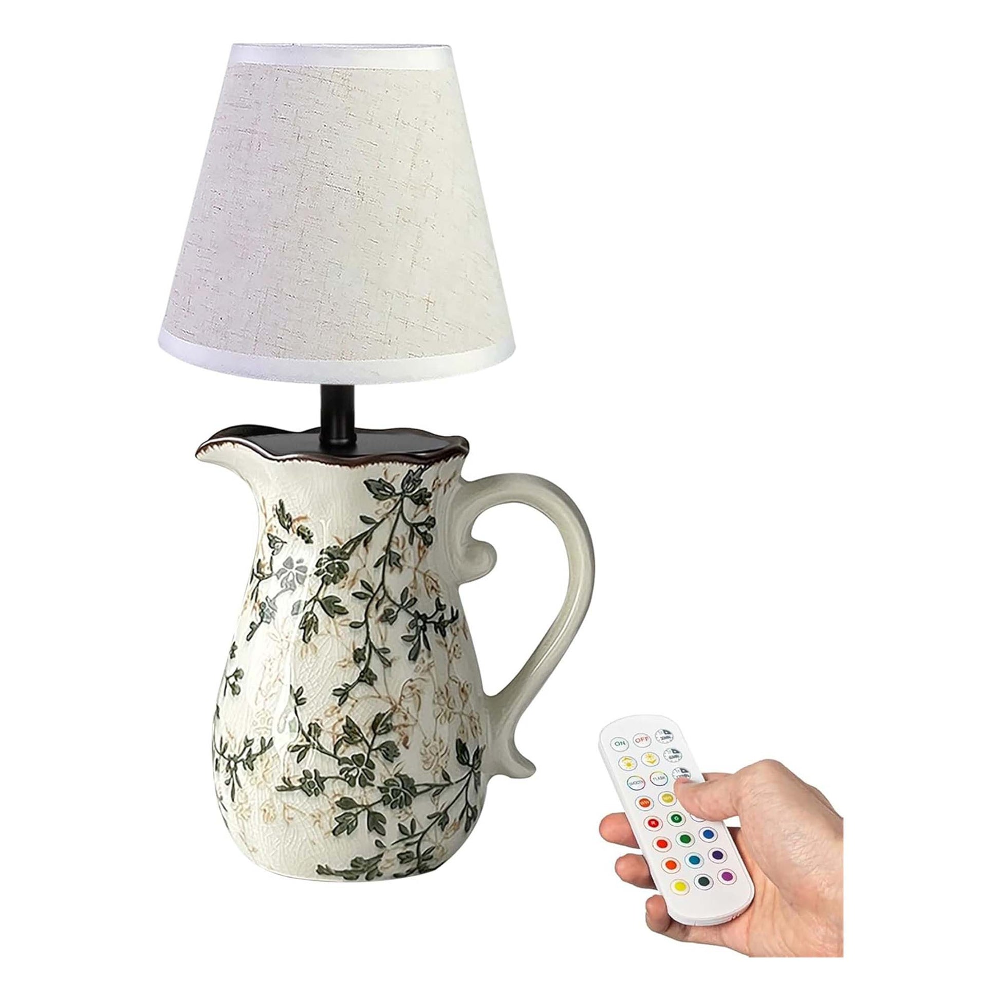 Kiven Cordless Table Lamp, Dimmable LED Vase Lamps with Fabric Lampshade, Classic Cottage Ambient Light, 1-Light Rechargeable Nightstand Lamp for Office Bookcase Bedside TD1003