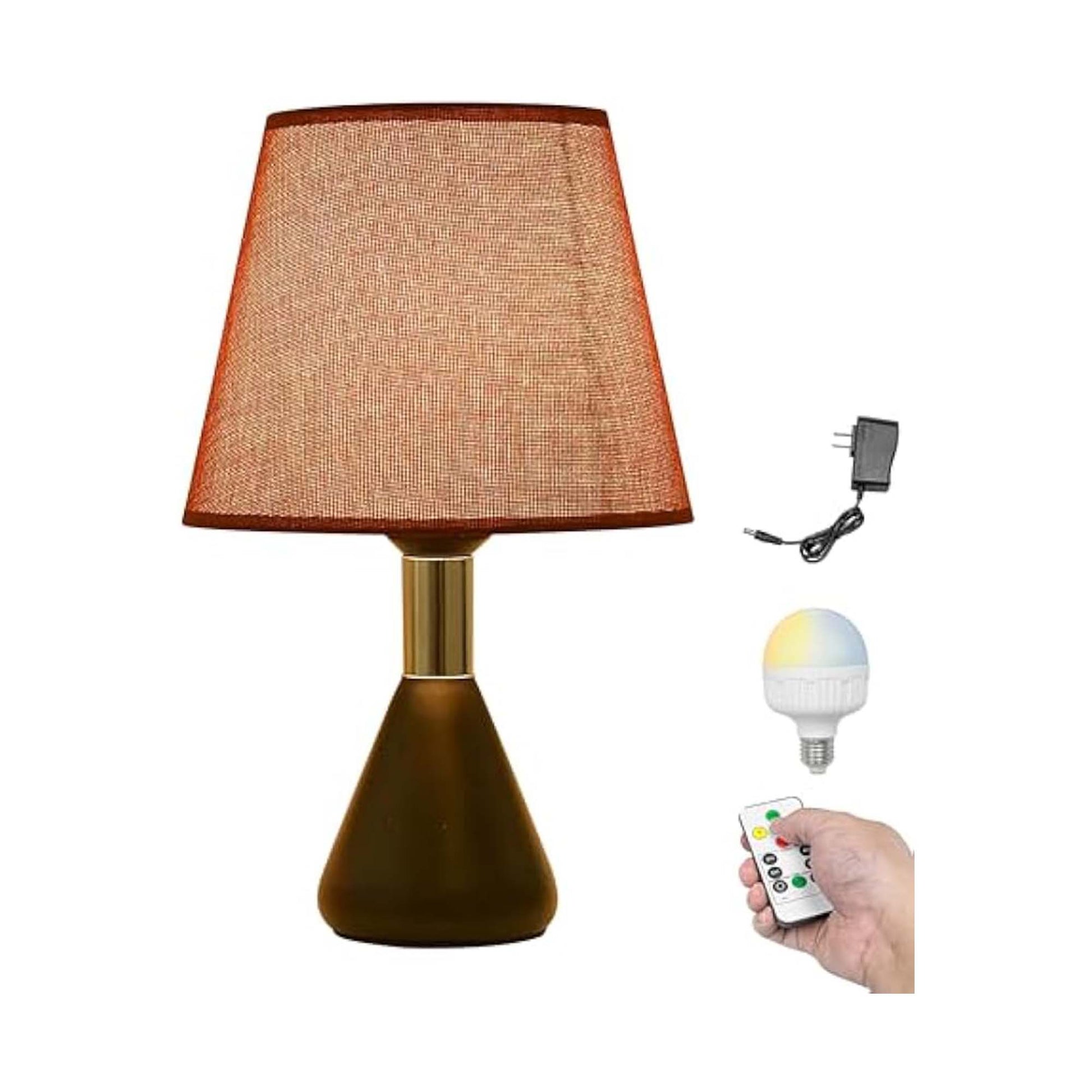 Kiven Cordless Table Lamp, Dimmable Desk Lamp with φ6.3 Brown Fabric Lampshade, Farmhouse Rechargeable Nightstand Lamp with Black Base for Reading Home Decor Office Bedside, 1-Light