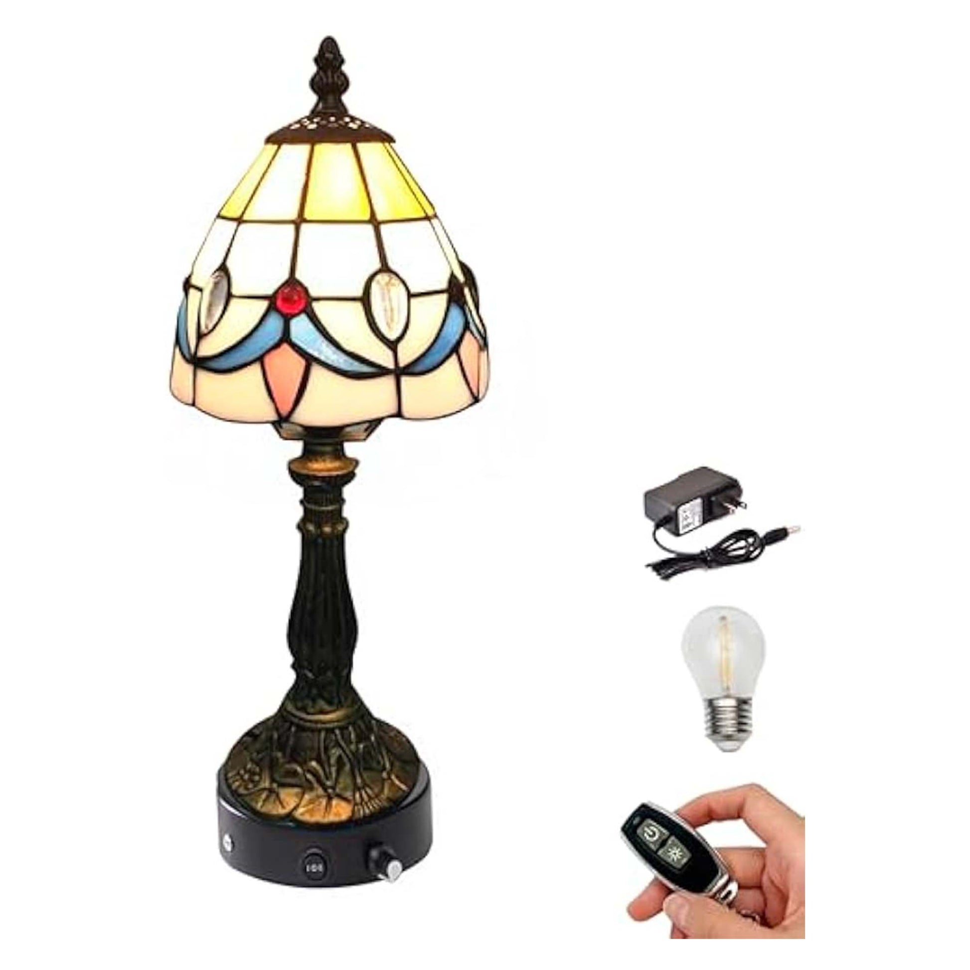 Kiven Cordless Table Lamp,1-Light Dimmable Bedside Lamps for Nightstand with Pink Glass Lampshade, Tiffany-Style Rechargeable Desk Lamp for Reading Home Decor Bedside TD0791