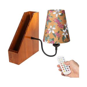 Kiven Cordless Bookshelf Lamp: Wooden bookshelf design with floral lampshade and remote control.