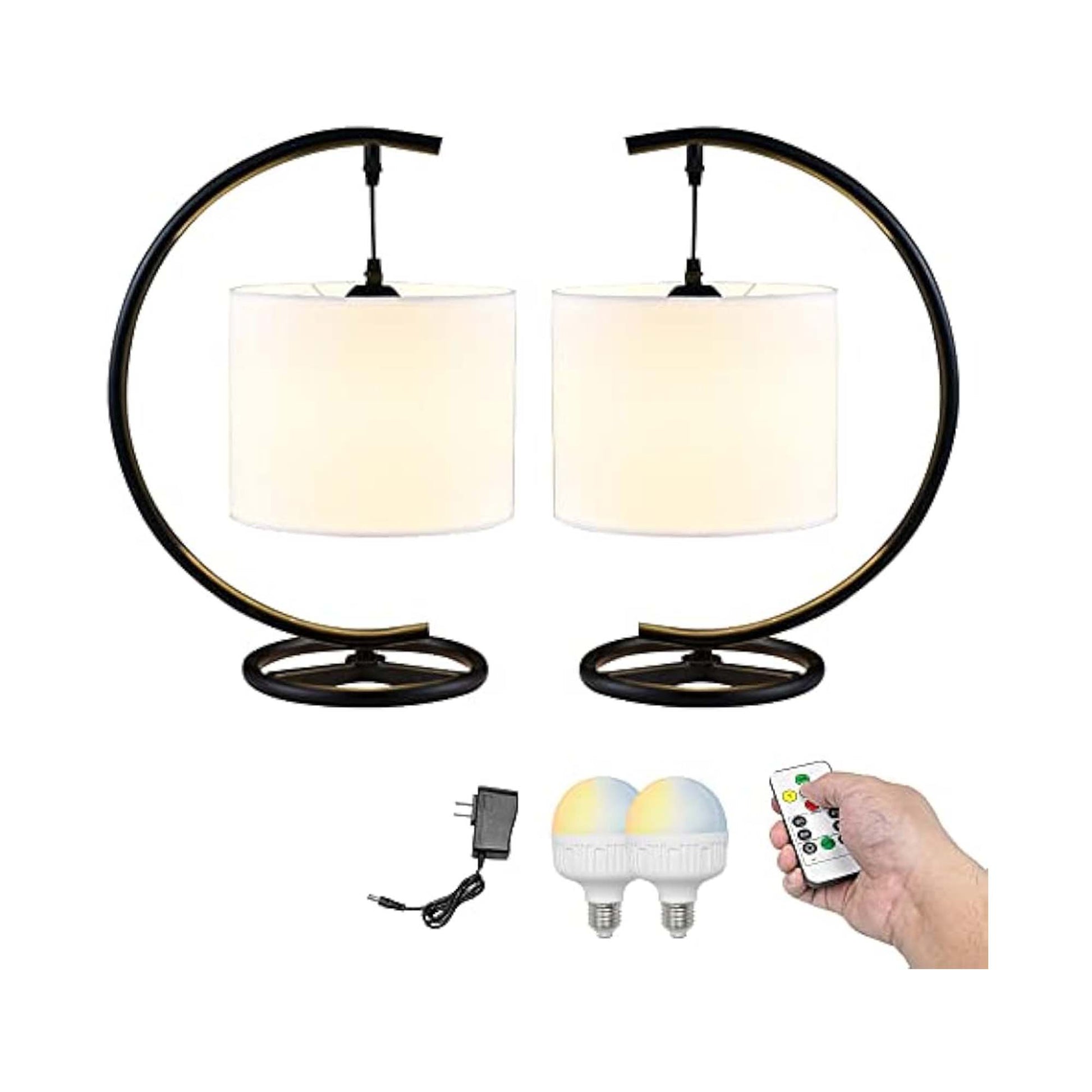Kiven Modern Rechargeable Table Lamp, Dimmable Desk Lamp with White Fabric Lampshade,Black Finish Cordless Nightstand Lamp with Rechargeable LED Bulb for Reading Living Room Office, Set of 2