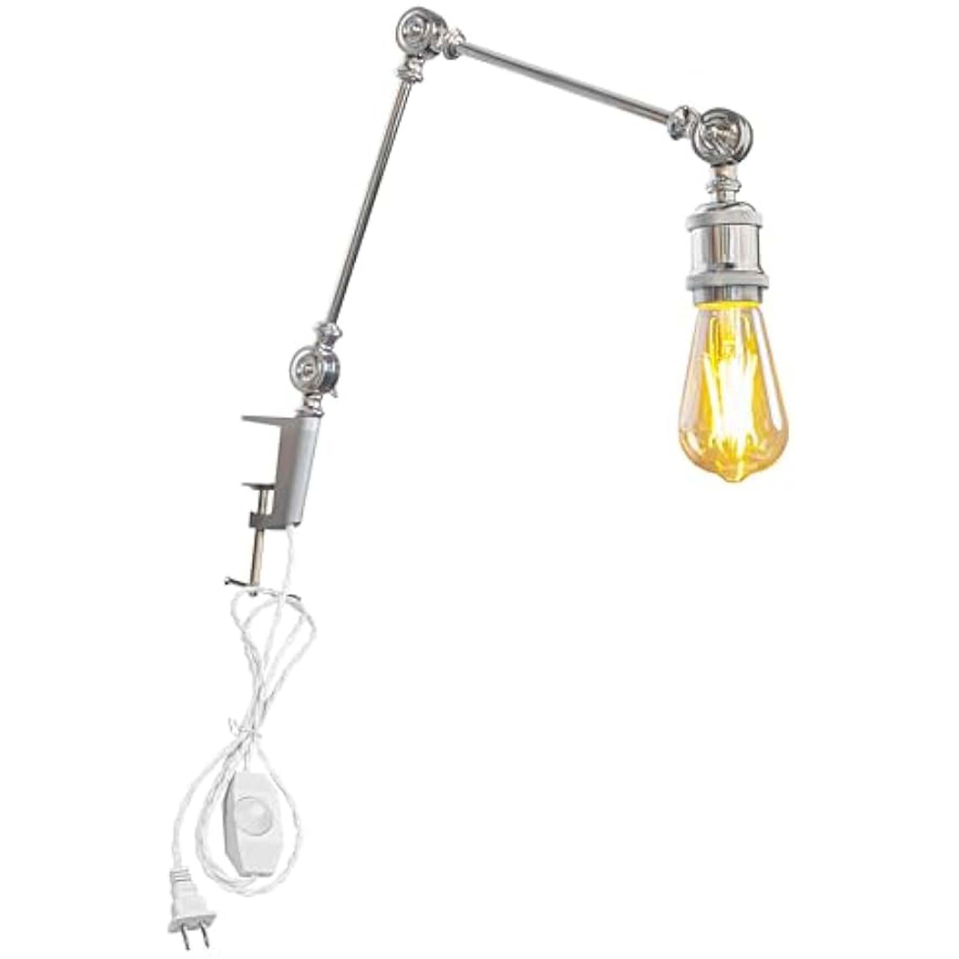 Kiven Industrial Clip-on Desk Lamp, 1-Light Iron Nightstand Lamp with Flexible Arm, 8.2FT Plug in Cord, Decorative Clamp Lamp for Office Home Bookshelf Bedside E26 Sokcet,Silver