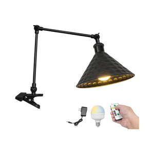 Kiven Battery Operated Clip-on Desk Lamp with remote, adjustable arm, and dimmable light, perfect for bedside or bookshelf.