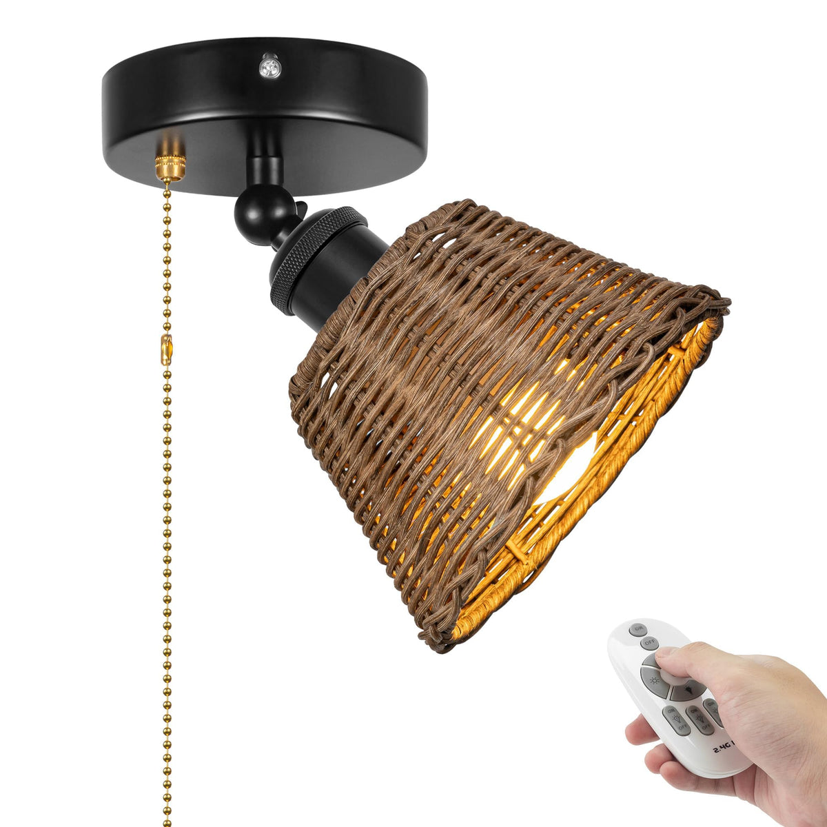 Adjustable Light, Zipper Switch 12V RV Industrial Woven Natural Boho Rattan Cover, E26 Socket Semi Flush Mount Interior Lighting Decorative for Boat Camper Hallway