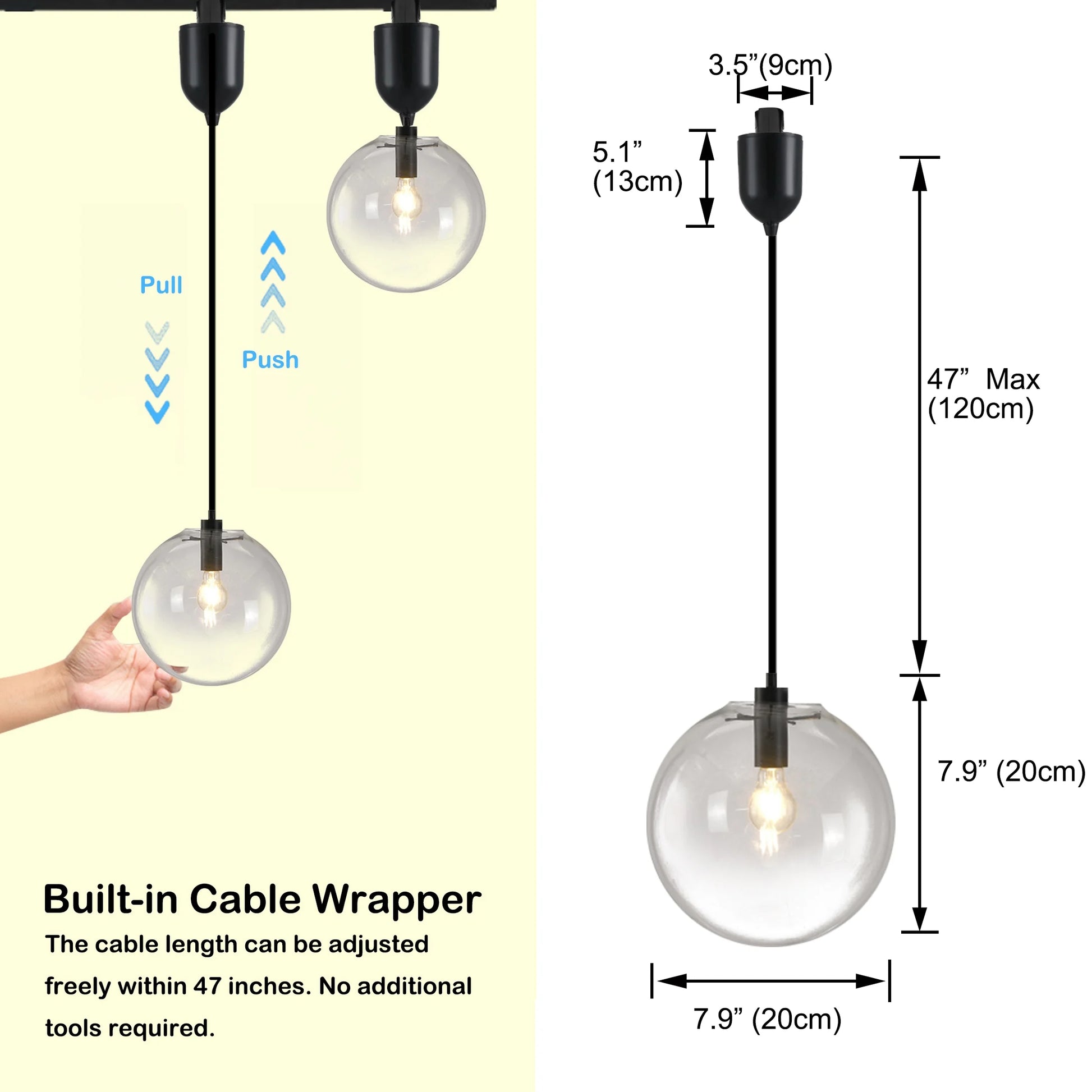 Kiven H-Type Track Lighting Light fixture, Modern Halo Track Pendant Light with Built-in Cable Wrapper and Glass Lampshade, Adjustable Length for Bedroom Kitchen Shop,Black Finish,1-Light